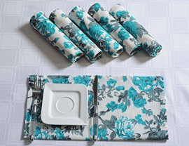 Coton Serviettes Set de 6; Blanc Gris Turquoise imprimé floral; Linge de table Spring Décorations Coton Serviettes Set de 6; Blanc Gris Turquoise imprimé floral; Linge de table Spring Décorations