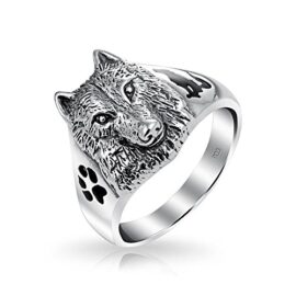 Cadeaux de Noël Sterling Silver Black Animal tête de loup patte d’impression Howling bague Silhouette Cadeaux de Noël Sterling Silver Black Animal tête de loup patte d’impression Howling bague Silhouette