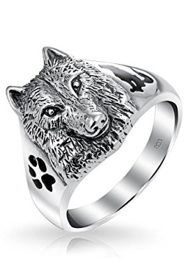 Cadeaux de Noël Sterling Silver Black Animal tête de loup patte d’impression Howling bague Silhouette Cadeaux de Noël Sterling Silver Black Animal tête de loup patte d’impression Howling bague Silhouette 2