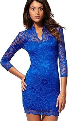 Bleu-Sexy-pour-femme-dentelle-et-manches-34-Club-Wear-Robe-courte-de-soire-crmonie-Taille-L-14-cm-0