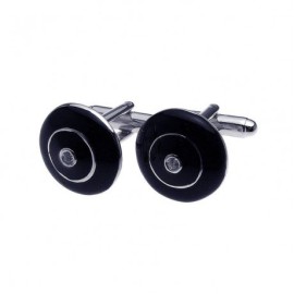 Boutons-de-Manchette-Plaqus-Rhodium-Cuivre-Email-Noir-Rond-Zircon-0-0