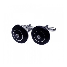 Boutons-de-Manchette-Plaqus-Rhodium-Cuivre-Email-Noir-Rond-Zircon-0