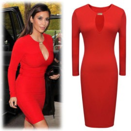 Elite99-Femmes-Robe--Manches-Longues-Moulante-Noir-et-Rouge-0