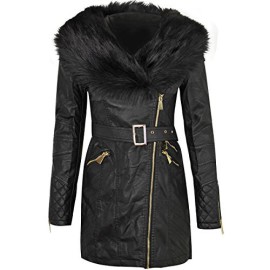 FEMMES-FAUX-CUIR-POUR-FEMMES-COL-FOURRURE-LONG-VESTE-MOTARD-PARKA-MANTEAU-AVEC-CEINTURE-TAILLE-0