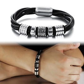 Floray bijoux des femmes des hommes en cuir Rope Bracelet en perles, en acier inoxydable fermoir magnétique, noir élégant Floray bijoux des femmes des hommes en cuir Rope Bracelet en perles, en acier inoxydable fermoir magnétique, noir élégant 4