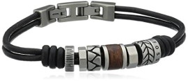 Fossil – JF84196040 – Bracelet – Homme – Double Lien Cuir Noir – Motifs Acier – Acier Fossil – JF84196040 – Bracelet – Homme – Double Lien Cuir Noir – Motifs Acier – Acier