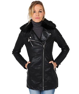 KRISP-Femme-Manteau-Veste-en-Cuir-Matelass-Col-Fourrure-Dtachable-Hiver-Chaud-0