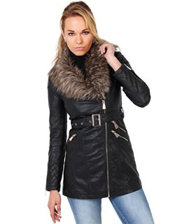 KRISP® Femmes Blouson Veste Cuir Souple Ceinturé Col Fourrure Détail Manche Matelassée KRISP® Femmes Blouson Veste Cuir Souple Ceinturé Col Fourrure Détail Manche Matelassée