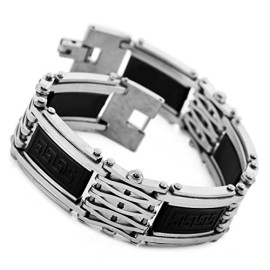 MunkiMix Acier Inoxydable Caoutchouc Bracelet Lien Argent Noir Grecque Poli Homme MunkiMix Acier Inoxydable Caoutchouc Bracelet Lien Argent Noir Grecque Poli Homme 3