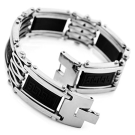 MunkiMix Acier Inoxydable Caoutchouc Bracelet Lien Argent Noir Grecque Poli Homme MunkiMix Acier Inoxydable Caoutchouc Bracelet Lien Argent Noir Grecque Poli Homme