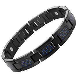 Nouveauté Bracelet Aimanté homme en titane noir et Incrustations de fibre carbone bleue, Ustensile ajusteur inclus Nouveauté Bracelet Aimanté homme en titane noir et Incrustations de fibre carbone bleue, Ustensile ajusteur inclus