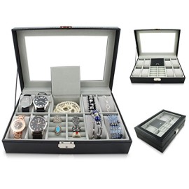 VENKON-11-Compartiments-Porte-Bijoux-Coffret-pour-8-Montres-avec-Fentre-en-Verre-pour-Rangement-Prsentation-Similicuir-Noir-0-0