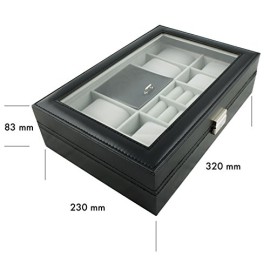 VENKON-11-Compartiments-Porte-Bijoux-Coffret-pour-8-Montres-avec-Fentre-en-Verre-pour-Rangement-Prsentation-Similicuir-Noir-0-1