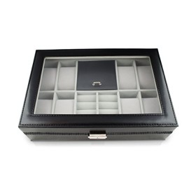 VENKON-11-Compartiments-Porte-Bijoux-Coffret-pour-8-Montres-avec-Fentre-en-Verre-pour-Rangement-Prsentation-Similicuir-Noir-0-2