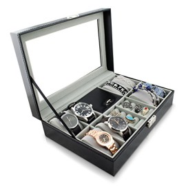 VENKON-11-Compartiments-Porte-Bijoux-Coffret-pour-8-Montres-avec-Fentre-en-Verre-pour-Rangement-Prsentation-Similicuir-Noir-0