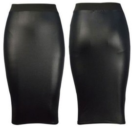 Femme jupe simili cuir moulante aspect mouillé crayon tube mi-longue noir taille haute neuf Femme jupe simili cuir moulante aspect mouillé crayon tube mi-longue noir taille haute neuf 2