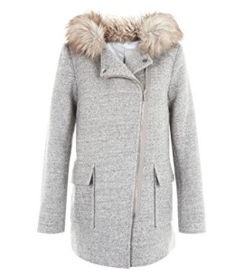 Manteau gris à capuche bordée de fausse fourrure Biker Duffle Manteau gris à capuche bordée de fausse fourrure Biker Duffle