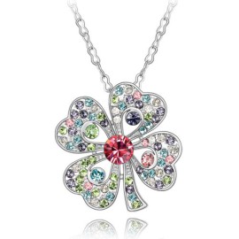 Cadeau-Saint-Valentin-MARENJA-Cristal-Collier-Femmes-Trfle--Quatre-Feuilles-Porte-bonheur-Cristal-Autrichien-Multicolore-Plaqu-Or-Blanc-Bijoux-Fantaisie-42-47cm-0