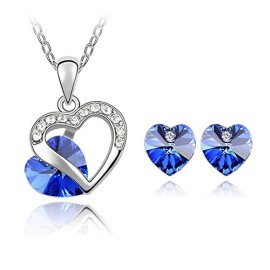 Cadeau-Saint-Valentin-MARENJA-Cristal-Parure-Bijoux-Collier-et-Boucles-doreilles-pour-Femme-Coeur-Double-Plaqu-Or-Blanc-Cristal-Autrichien-Bleu-Bijoux-Fantaisie-0