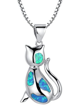 Collier en argent sterling pendentif pour les femmes, chat avec bleu et vert opale de feu, Maille vénitienne Collier en argent sterling pendentif pour les femmes, chat avec bleu et vert opale de feu, Maille vénitienne 2