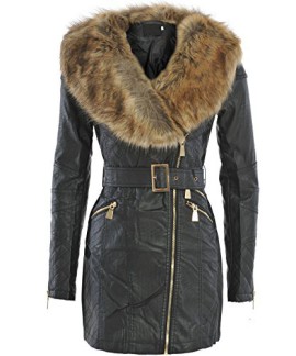 FAUX CUIR POUR FEMMES COL FOURRURE CEINTURÉE FEMMES VESTE LONGUE PARKA MANTEAU TAILLE 8-14 FAUX CUIR POUR FEMMES COL FOURRURE CEINTURÉE FEMMES VESTE LONGUE PARKA MANTEAU TAILLE 8-14