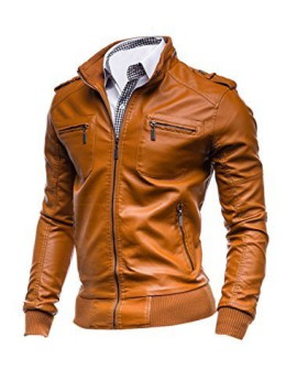 Hommes-Fermeture-clair-Col-Montant-Imitation-Veste-Cuir-0