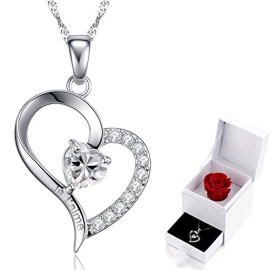 MARENJA Cristal-Cadeau Femme-Collier Coeur Gravé «Je t’aime» avec Rose Stabilisé dans Boîte-Collier Plaqué Or Blanc et Incrusté Cristal-40+5cm MARENJA Cristal-Cadeau Femme-Collier Coeur Gravé «Je t’aime» avec Rose Stabilisé dans Boîte-Collier Plaqué Or Blanc et Incrusté Cristal-40+5cm