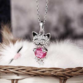 PM-Cristal-LUCKY-CAT-Chat-Ruby-Collier-femme-fille-Petit-chat-souriant-rose-Bijoux-fantaisie-plaque-or-blanc-anniversaire-Cadeau-0-1