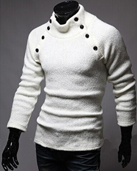 SODIALR-Nouveau-Mode-Hommes-Col-roule-Mince-Fit-Manches-longues-Pull-Cardigan-Chandails-Blanc-M-0-1