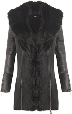 WearAll-Femmes-Fourrure-Collier-Faux-Cuir-Longue-Manche-Fermeture-clair-Manteau-Haut-Biker-Veste-Hauts-Femmes-Tailles-34-40-0