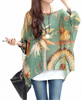 Bepei-Batwing-T-shirt-Blouse-Manches-34-Tops-Bohme-Imprime-en-Chiffon-Femme-Sans-Dbardeur-0