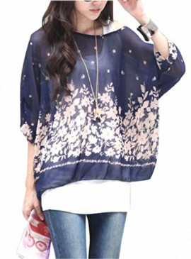 Bepei-Batwing-T-shirt-Blouse-Manches-34-Tops-Bohme-Imprime-en-Chiffon-Femme-Sans-Dbardeur-0-3