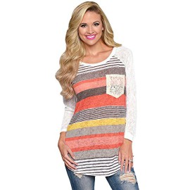 Chemise-Femme-Koly-Femmes-Hauts-Stripes-Lace-Pocket-O-Cou-Shirt-Tops-Blouses-0