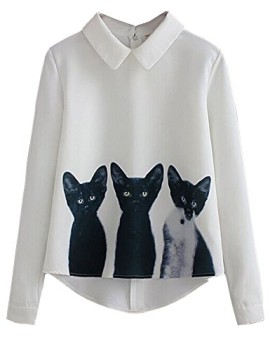 ELFIN Trois Chats Pull-shirt Manches Longues Casual Mousseline de Soie Blouses ELFIN Trois Chats Pull-shirt Manches Longues Casual Mousseline de Soie Blouses