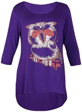 Femmes-T-shirt-extensible-col-rond-manches-mi-longues-dos-plongeant-motif-hibou-paillettes-grande-taille-0