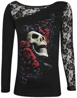 SPIRAL-T-Shirt-Manches-Longues-Nana-DARK-WEAR-Rose-Skull-Noir-0