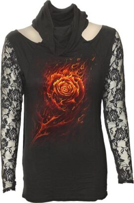 Spiral Haut pour femme Col bénitier et manches en dentelle Motif Burning Rose Noir Spiral Haut pour femme Col bénitier et manches en dentelle Motif Burning Rose Noir