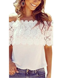 ISASSY-Chemisier-Femme-Dentelle-T-shirt-Bustier-Manches-Courtes-Mousseline-de-Soie-paules-Nus-Crochet-Top-Blouse-Blanc-0