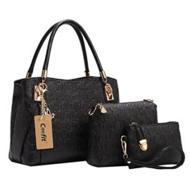 Coofit-Lot-de-3-sacs-pour-femmes-en-cuir-vintage-Sac–main-Sac–bandoulire-Pochette-Noir-0