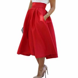 QIYUNZ-La-Mode-Rouge-Taille-Haute-Femmes-Plisses-ete-Ol-Jupes-Nouvelle-Mi-Mollet-Tulle-0