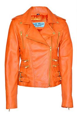 MYSTIQUE-Mesdames-orange-style-motard-Moto-Designer-Nappa-Veste-en-cuir-0