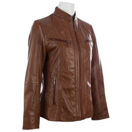 Veste de motard avec bande collier pour femme en cuir doux véritable de MDK Veste de motard avec bande collier pour femme en cuir doux véritable de MDK 3