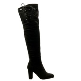 Angkorly-Chaussure-Mode-Cuissarde-Botte-cavalier-sexy-souple-femme-noeud-lacets-Talon-haut-bloc-85-CM-Noir-0-1