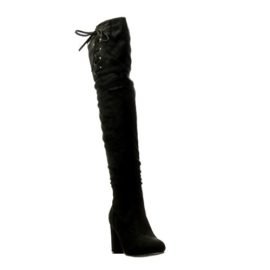 Angkorly-Chaussure-Mode-Cuissarde-Botte-cavalier-sexy-souple-femme-noeud-lacets-Talon-haut-bloc-85-CM-Noir-0-3