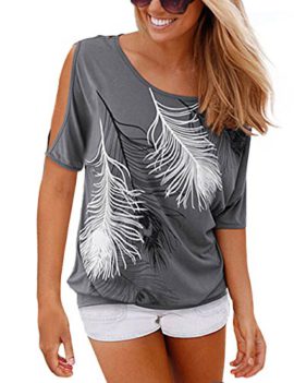 ISASSY Femme Casual épaule nue Manches Plume Imprimé Manches courtes Top Blouse Chemiser Tee T-shirt ISASSY Femme Casual épaule nue Manches Plume Imprimé Manches courtes Top Blouse Chemiser Tee T-shirt 2