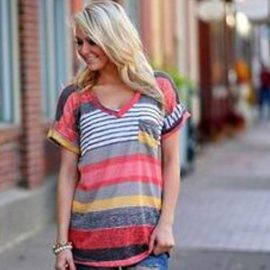 Jardin-Rv-T-shirt-Femme-Et-Manches-Courtes-Rayures-Multicolore-Col-V-Top-Blouse-0-1