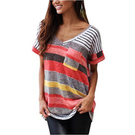 Jardin-Rv-T-shirt-Femme-Et-Manches-Courtes-Rayures-Multicolore-Col-V-Top-Blouse-0