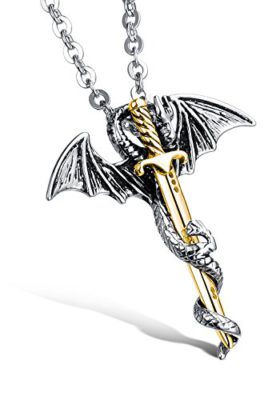 Ostan Bijoux Hommes « Warrior King » 316L Acier inoxydablel Millésime Gothique Dragon épée Pendentif Collier – Argent and Or Ostan Bijoux Hommes « Warrior King » 316L Acier inoxydablel Millésime Gothique Dragon épée Pendentif Collier – Argent and Or 2