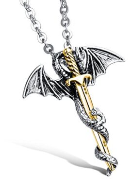 Ostan Bijoux Hommes « Warrior King » 316L Acier inoxydablel Millésime Gothique Dragon épée Pendentif Collier – Argent and Or Ostan Bijoux Hommes « Warrior King » 316L Acier inoxydablel Millésime Gothique Dragon épée Pendentif Collier – Argent and Or