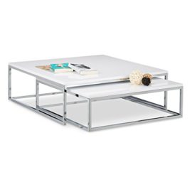 Relaxdays Table basse avec plateau en bois FLAT lot de 2 blanc HxlxP: 27 x 80 x 80 cm table gigogne carré gain de place lot de 2 salon canapé table d’appoint cadre métal chromé, blanc Relaxdays Table basse avec plateau en bois FLAT lot de 2 blanc HxlxP: 27 x 80 x 80 cm table gigogne carré gain de place lot de 2 salon canapé table d’appoint cadre métal chromé, blanc 3